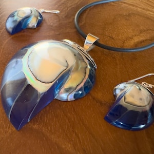 Può includere: Un set di gioielli con un ciondolo, orecchini e un orecchino separato. Il ciondolo e gli orecchini hanno un design a conchiglia di nautilus con accenti iridescenti e blu. Il ciondolo è appeso a un cordino nero.