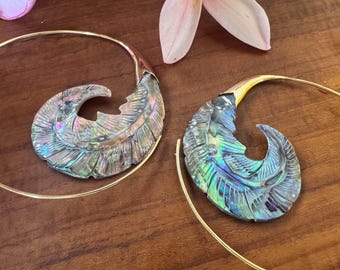 Feather earrings, hand-carved from paua shell and set in golden brass.