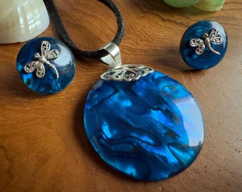 925 Sterling 40 mm Blue Ocean Shell Pendant and earring set in Sterling Silver hand-made Bali jewelry personalized gift