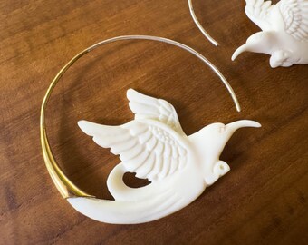 Hummingbird earrings, handcarved bone set in golden brass