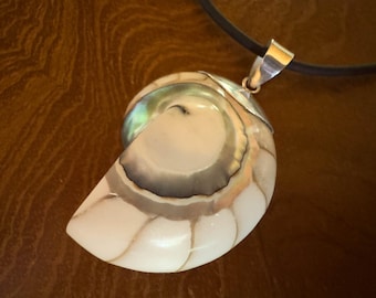 925 Sterling White Nautilus Ocean shell pendant set in sterling silver Opal White inlay
