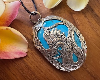 Turquoise 925 Sterling Silver Dragon Pendant, Bali jewelry, Balinese handcraft, Boho charm, affordable luxury