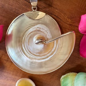 Könnte beinhalten: Eine Halskette mit Anhänger, die einen großen, irisierenden, muschelförmigen Anhänger mit einem silberfarbenen Metallakzent aufweist. Der Anhänger hat ein Spiraldesign. Auf einer Holzoberfläche, mit rosa Blütenblättern und anderen dekorativen Elementen.