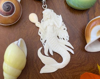 925 Sterling Ocean Mermaid pendant carved bone handmade in  Bali