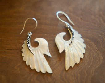 Feather earrings, carved shell and sterling silver