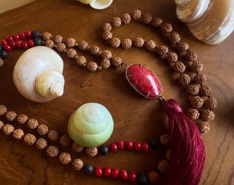 96cm Red Root Coral Mala - coral beads, lava & rudraksha beads