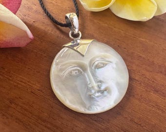 925 Sterling Moon-in-Moon pendant carved in Mother-of-Pearl, set in Sterling silver