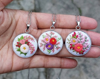 Small embroidered necklace, hand embroidery pendants, handmade jewelry, floral vintage style, gift for her, round settings, stainless steel