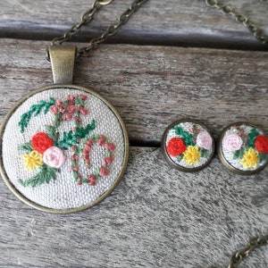 Hand embroidery jewelry set , initial embroidered pendant monogram necklace and embroidered stud earrings , letter A, embroidered necklace