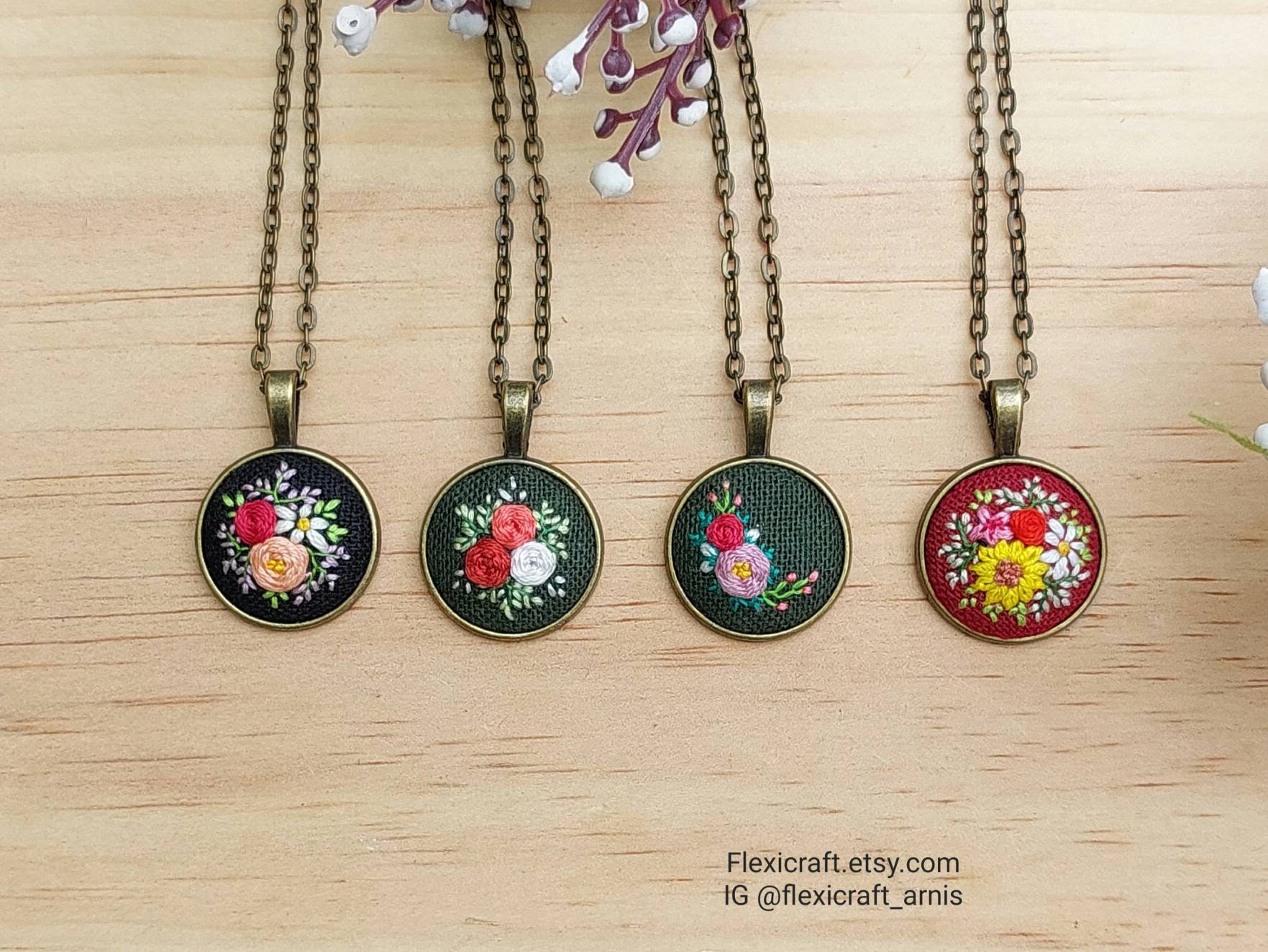 Teeny Tiny Small Embroidered Necklace Hand Embroidery Pendant Handmade Jewelry Floral Vintage Style Gift for Her Round Bronze Settings Etsy Canada