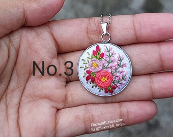 Small embroidered necklace, hand embroidery pendants, handmade jewelry,  floral vintage style, gift for her, round settings, stainless steel