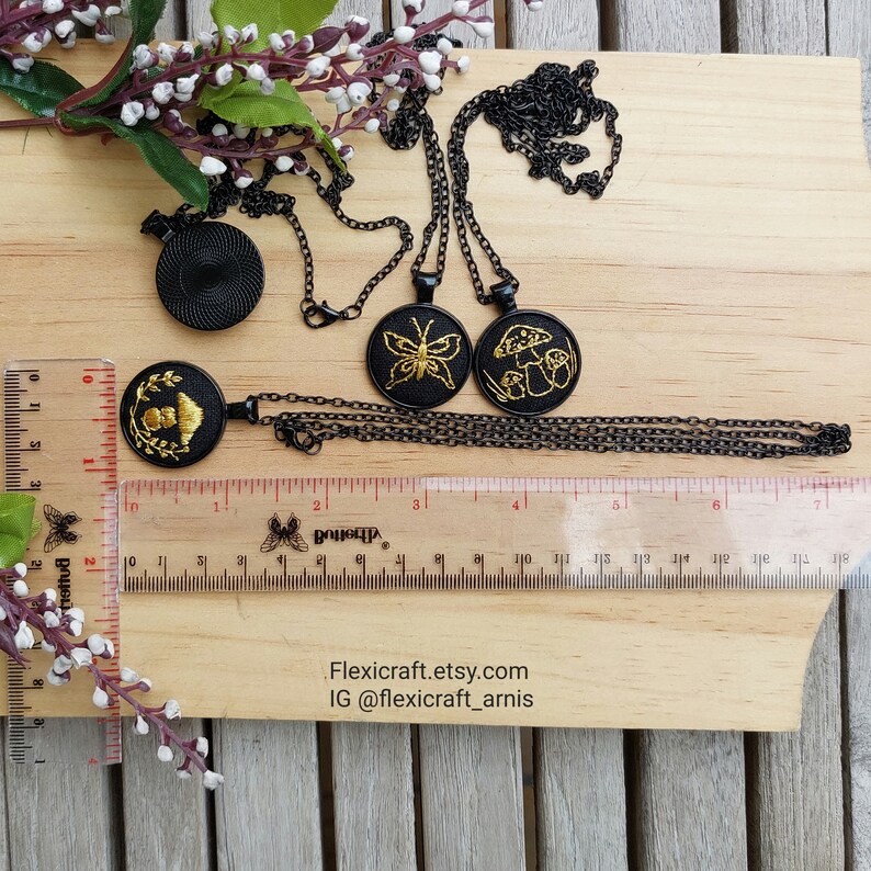 Small embroidered necklace, goldwork hand embroidery pendants, handmade jewelry, round black settings, gift for her, cottagecore mushroom image 3