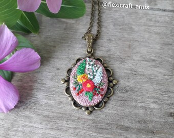 Small floral embroidered necklace pendant, oval hand embroidery necklace,  bronze purple jewelry, dainty floral mini embroidery