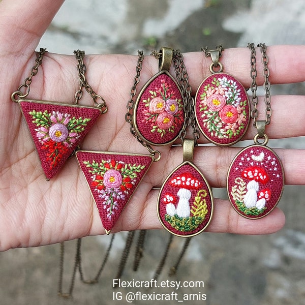 Geometric small embroidered necklace, 3D hand embroidery pendants, handmade jewelry, floral vintage style gift for her, cottagecore mushroom