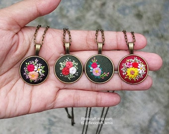 Teeny tiny small embroidered necklace, hand embroidery pendant, handmade jewelry, floral vintage style, gift for her, round bronze settings