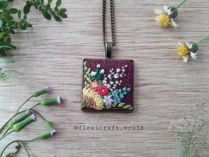 Square embroidered necklace hand embroidery pendants image 1