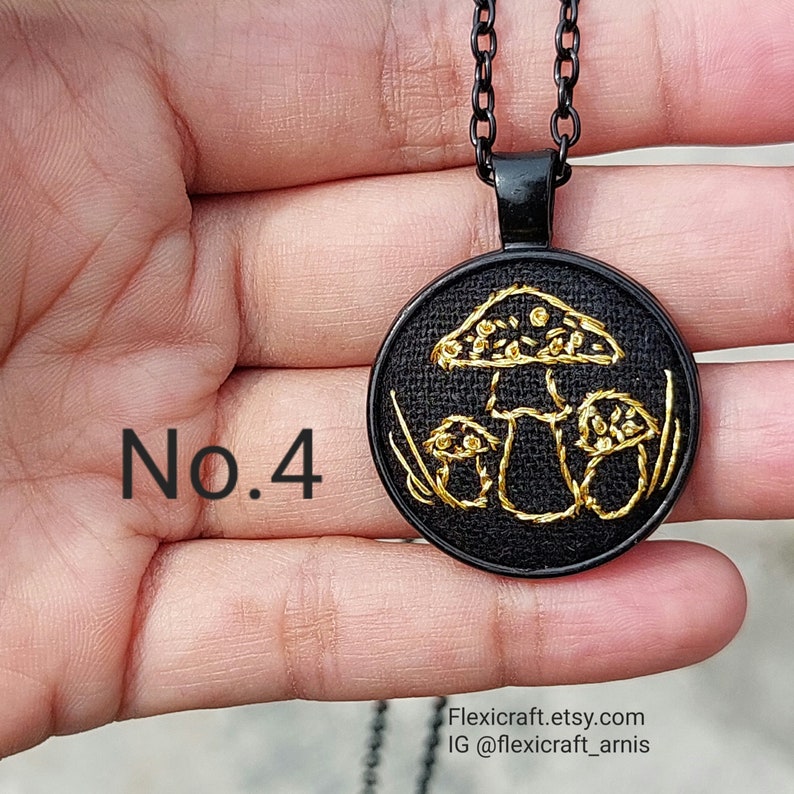 Small embroidered necklace, goldwork hand embroidery pendants, handmade jewelry, round black settings, gift for her, cottagecore mushroom image 7