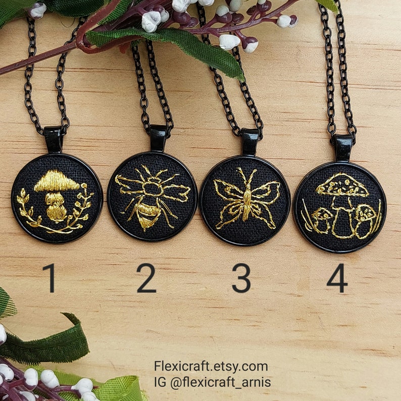 Small embroidered necklace, goldwork hand embroidery pendants, handmade jewelry, round black settings, gift for her, cottagecore mushroom image 2