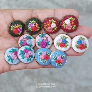 Hand embroidered earrings stud, round floral embroidery earring, cotton linen, vintage style cottagecore, handmade jewelry gifts