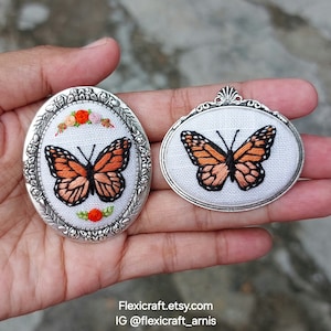 MONARCH BUTTERFLY embroidered brooch, hand embroidery jewelry, handmade shawl pin, floral vintage style, gift for her, cottagecore, oval