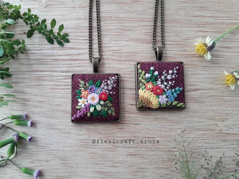 Square embroidered necklace hand embroidery pendants image 6