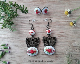 Butterfly embroidered earrings dangle with ceramic beads in set with embroidered stud earrings, embroidery jewelry set, couple stacking