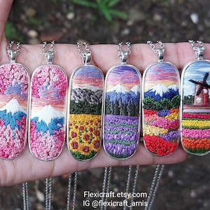 Landscape embroidered necklace, scenery hand embroidery pendants, handmade jewelry, floral vintage style, gift for her stainless steel chain