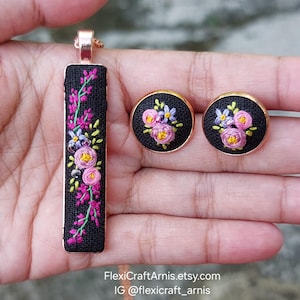 Rectangle embroidered necklace pendant with round embroidered earrings, Hand embroidery jewelry set, rose gold plated settings, gift for her