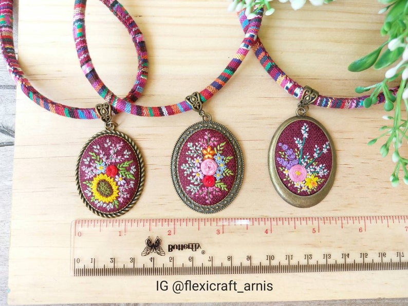 Oval Embroidered Necklace Pendant Hand Embroidery Jewelry Etsy