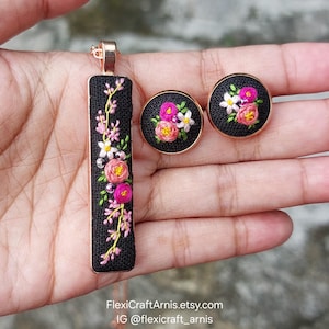 Rectangle embroidered necklace pendant with round embroidered earrings, Hand embroidery jewelry set, rose gold plated settings, gift for her