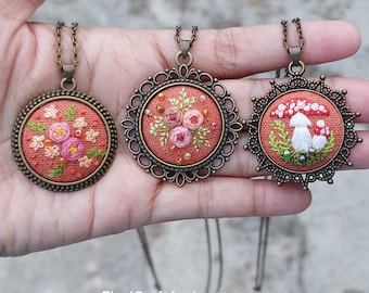 AUTUMN FALL Small embroidered necklace pendant with seed beads, 3D hand embroidery jewelry, handmade floral vintage cottagecore mushrooms
