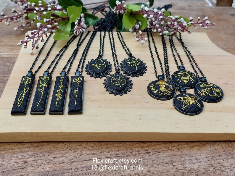 Small embroidered necklace, goldwork hand embroidery pendants, handmade jewelry, round black settings, gift for her, cottagecore mushroom image 10