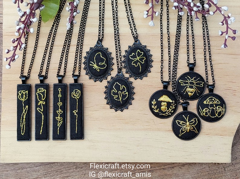 Small embroidered necklace, goldwork hand embroidery pendants, handmade jewelry, round black settings, gift for her, cottagecore mushroom image 9