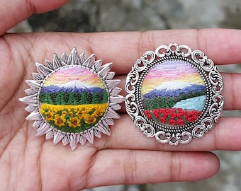 Landscape embroidered brooch, scenery hand embroidery pin, handmade jewelry, floral vintage style, sunflower, lake, mountain