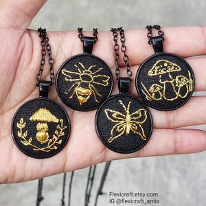 Small embroidered necklace, goldwork hand embroidery pendants, handmade jewelry, round black settings, gift for her, cottagecore mushroom image 8