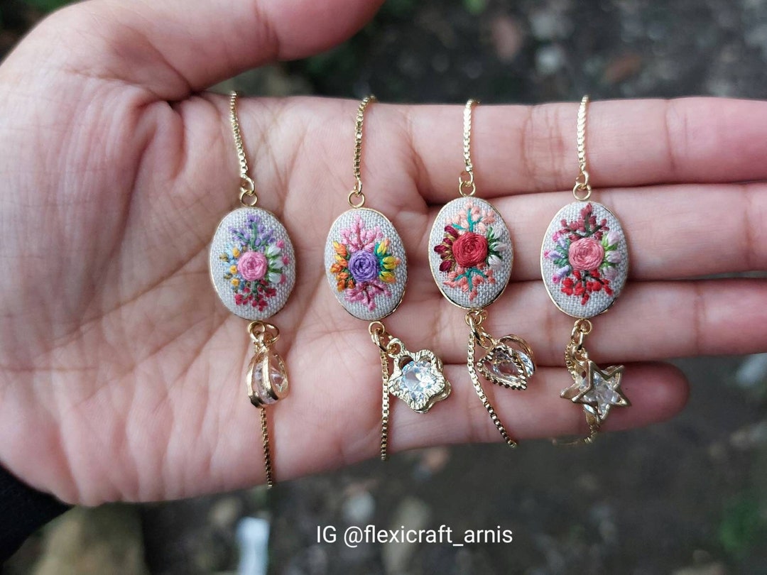 Embroidered Bracelet, Floral Embroidery Bracelet, Adjustable Slider Chain, Stainless Steel Gold