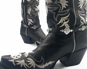 Black leather boot bling with turquoise beads