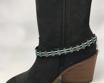 Boot strap with Art Deco Rhinestone and aqua Beads