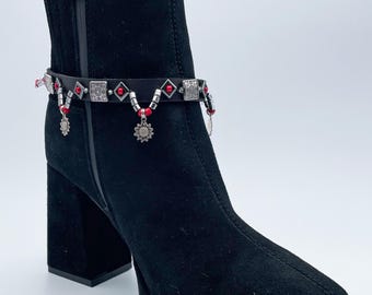 Leather boot strap with silver and red beads
