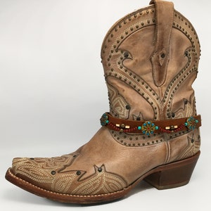 Brown boot belt with aqua beads image 1