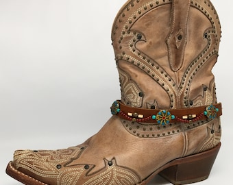 Brown boot belt with aqua beads