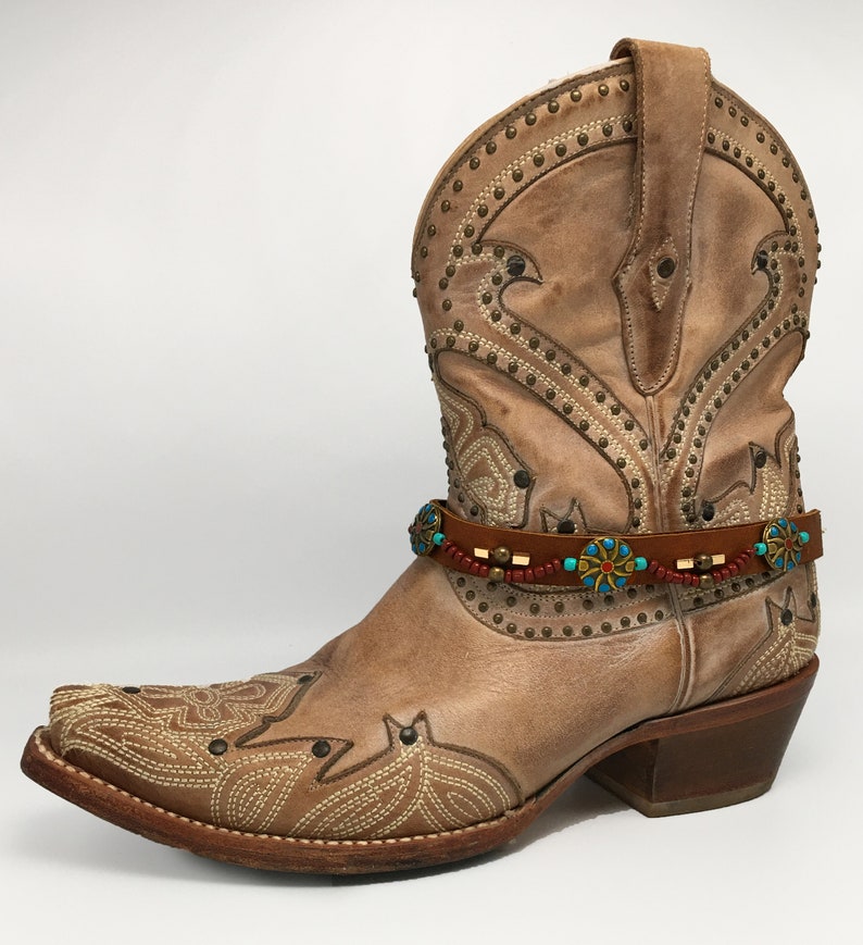 Brown boot belt with aqua beads image 1