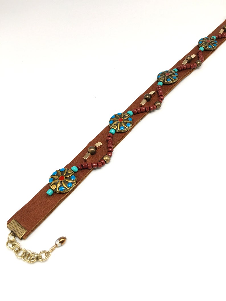 Brown boot belt with aqua beads image 4