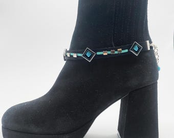 Black Leather Boot Belt with Aqua Accents