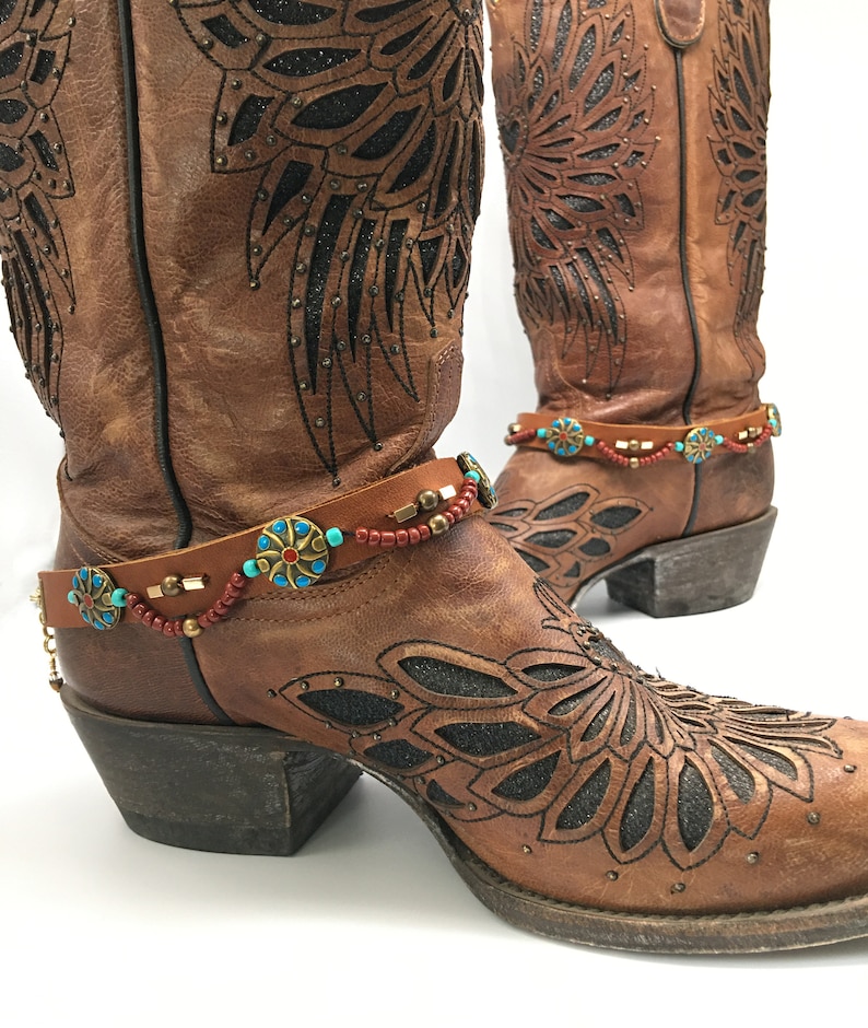 Brown boot belt with aqua beads image 3