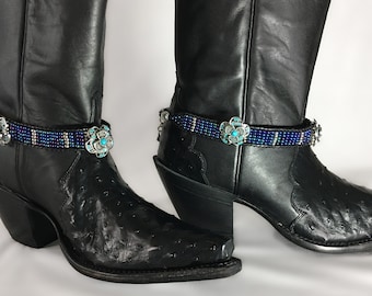 Boot strap with turquoise flower medallions