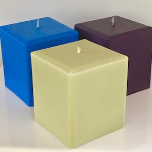 3x3 Scented or Unscented Square Soy Blend Pillar Candle.  Add color & style to your home decor with unique size soy candles.