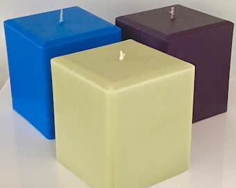 3x3 Scented or Unscented Square Soy Blend Pillar Candle.  Add color & style to your home decor with unique size soy candles.