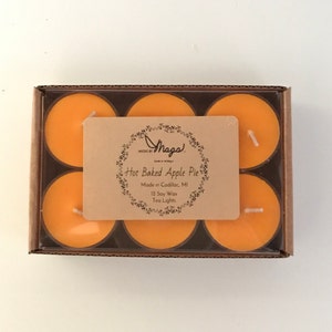 Tea Lights 12 scented or unscented soy wax in clear cups burns 4-6 hrs. Many scents and colors to choose from.