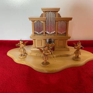 Hand Carved wooden organ music box w/ Angels Germany.